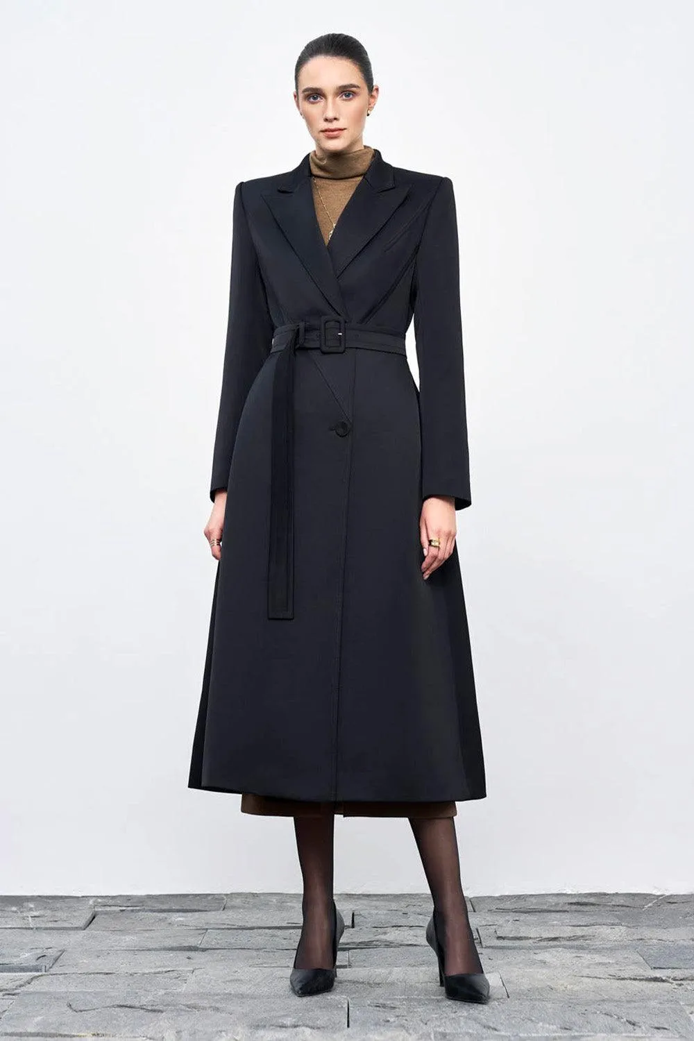 Audrey A-line Notch Lapel Taffeta Calf Length Trench Coat