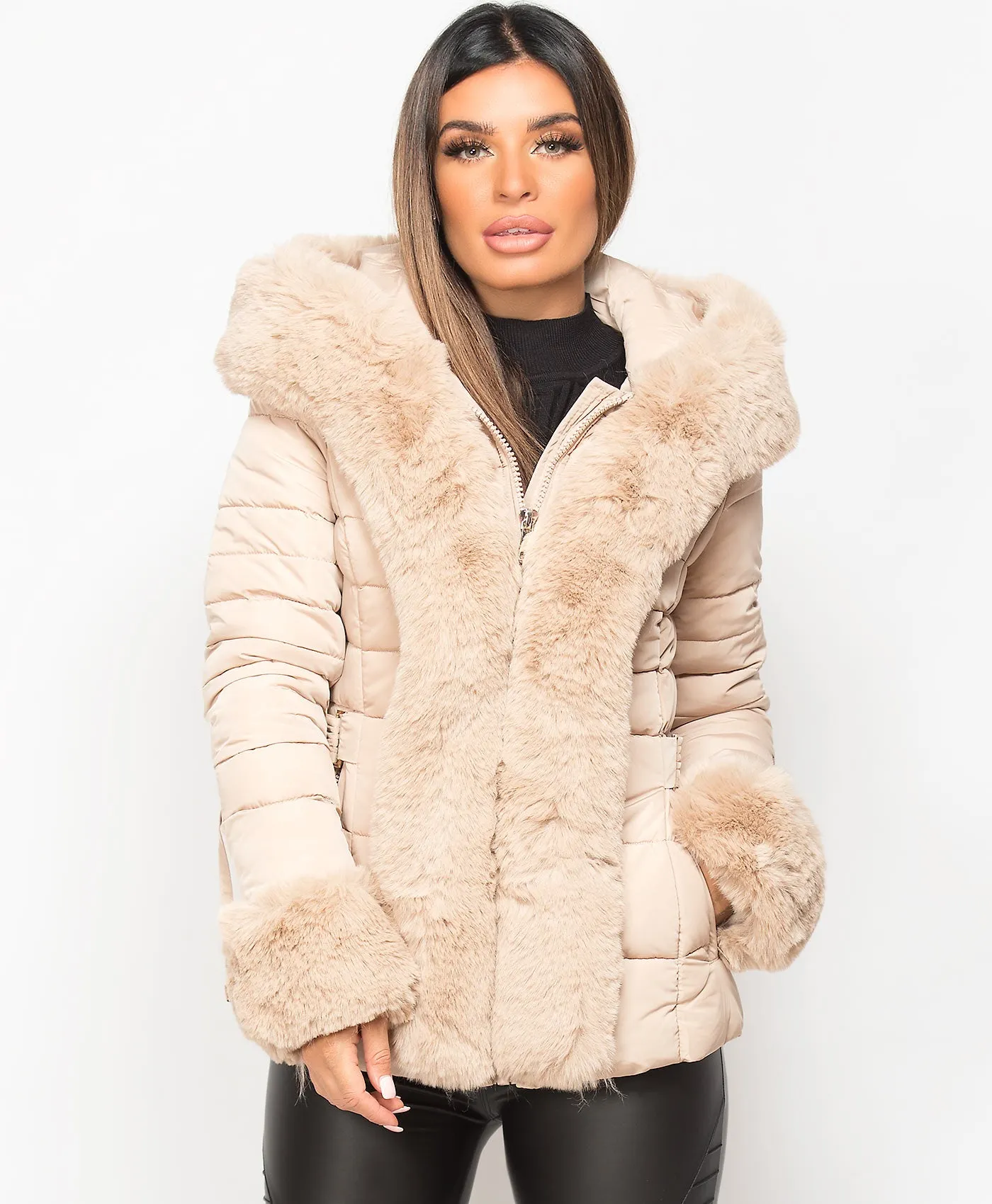 Beige Faux Fur Trim Hooded Side Buckle Puffer Jacket