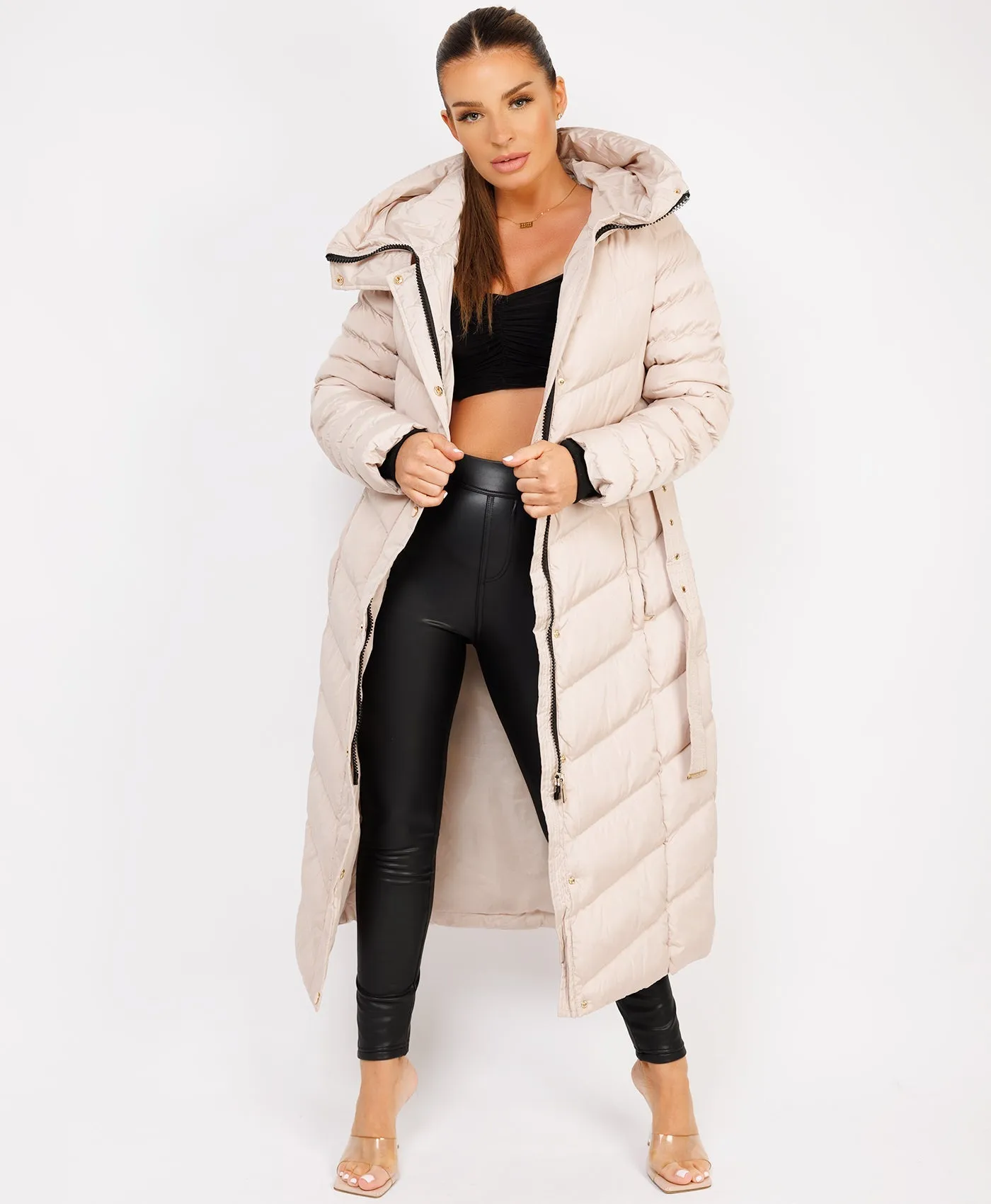 Beige Longline Padded Full Length Belted Puffer Coat Jacket