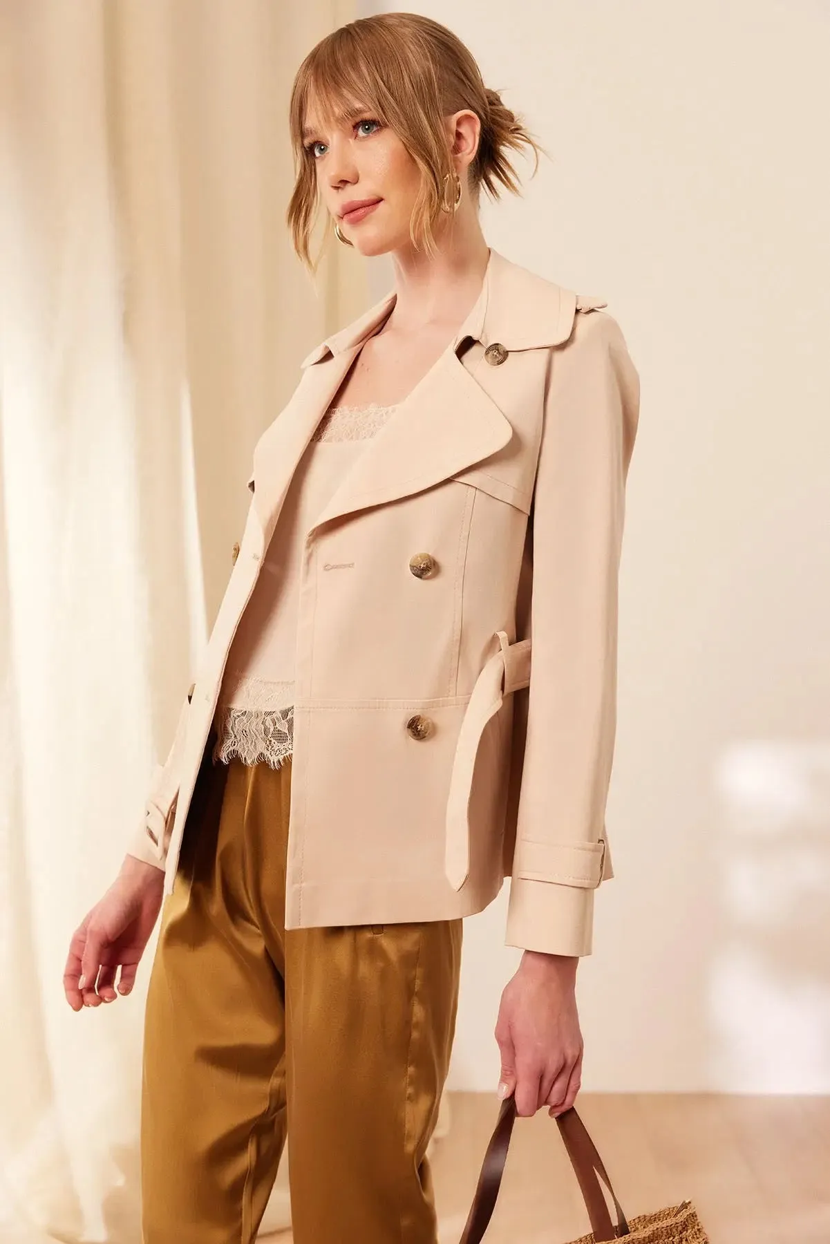 Beige Matilda Cotton Short Trench Coat