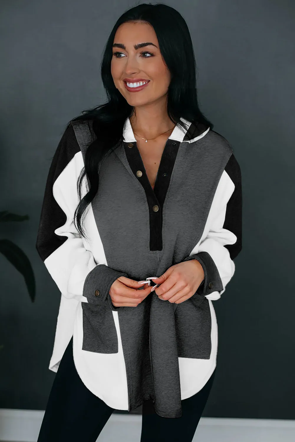 BerryBetty - Black Color Block Exposed Seam Buttoned Neckline Hoodie