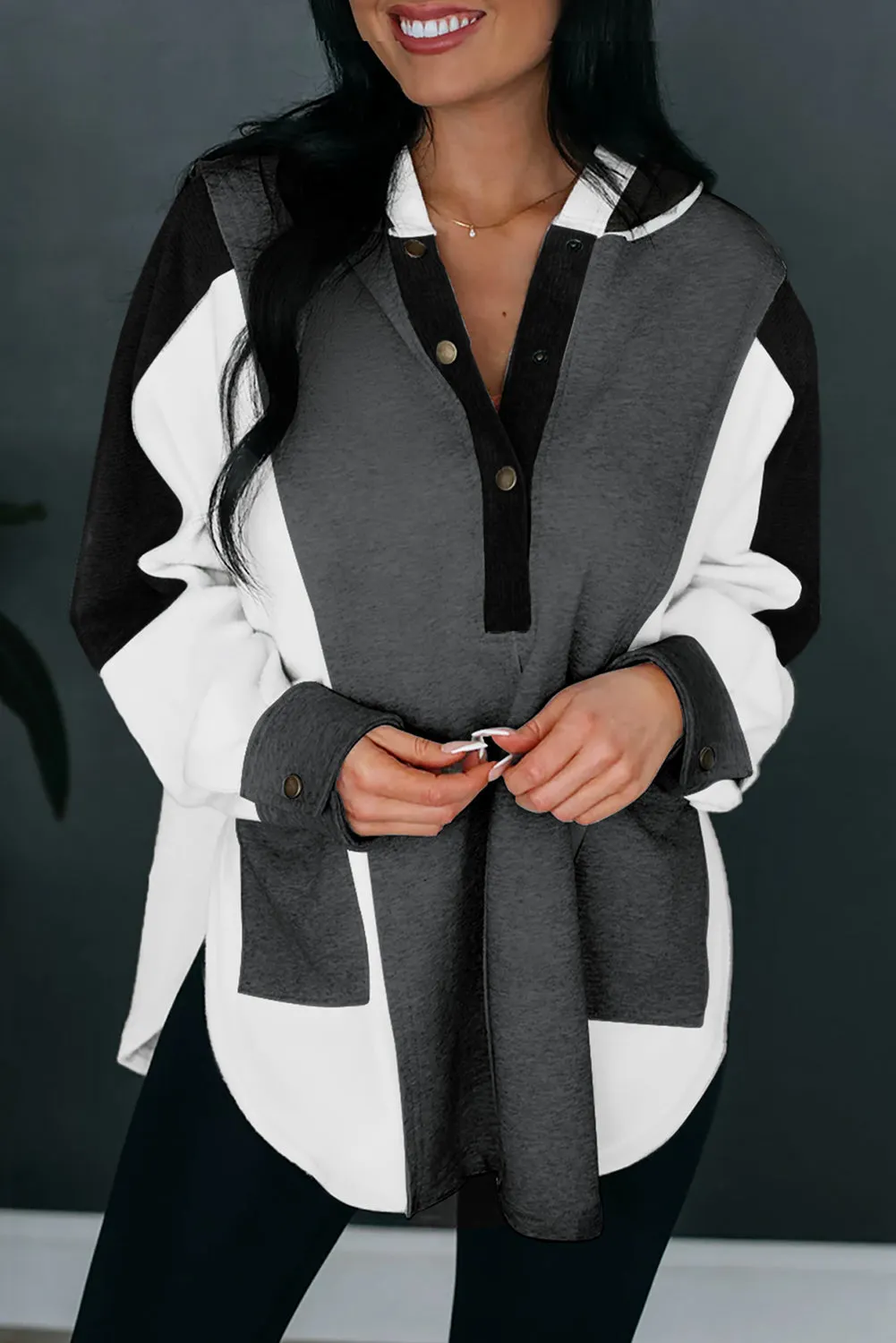 BerryBetty - Black Color Block Exposed Seam Buttoned Neckline Hoodie