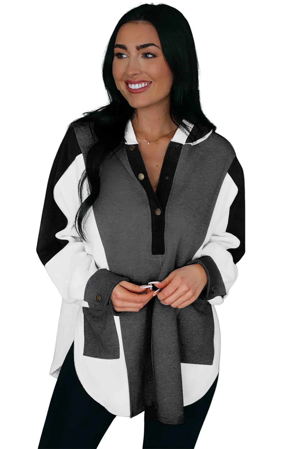 BerryBetty - Black Color Block Exposed Seam Buttoned Neckline Hoodie