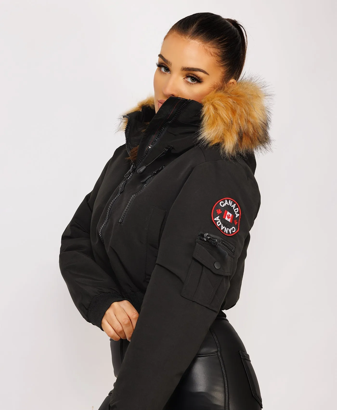 Black Canada Cropped Bomber Jacket With Fur Hood