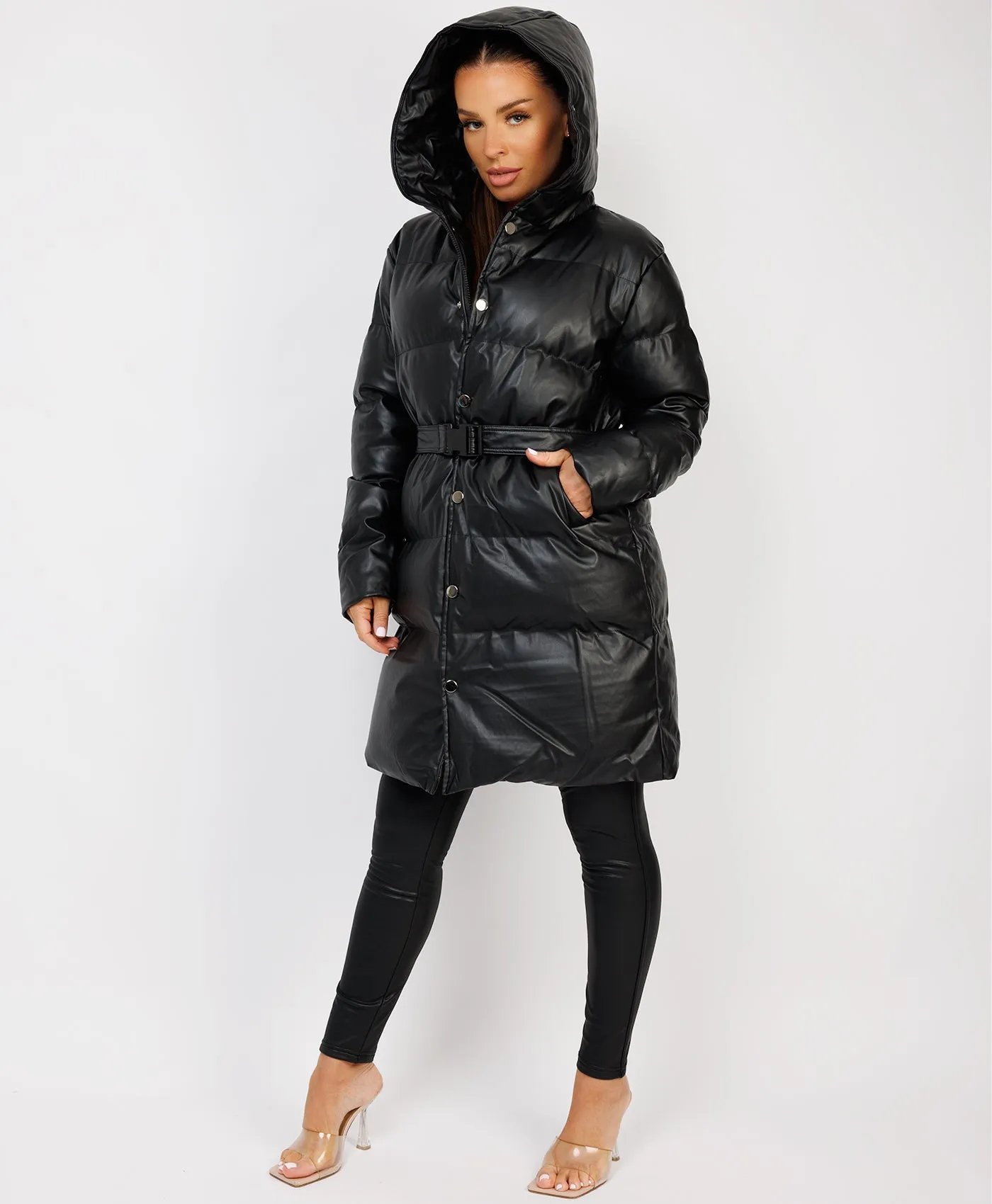 Black Vegan Leather Padded Belted Puffer Trench Coat