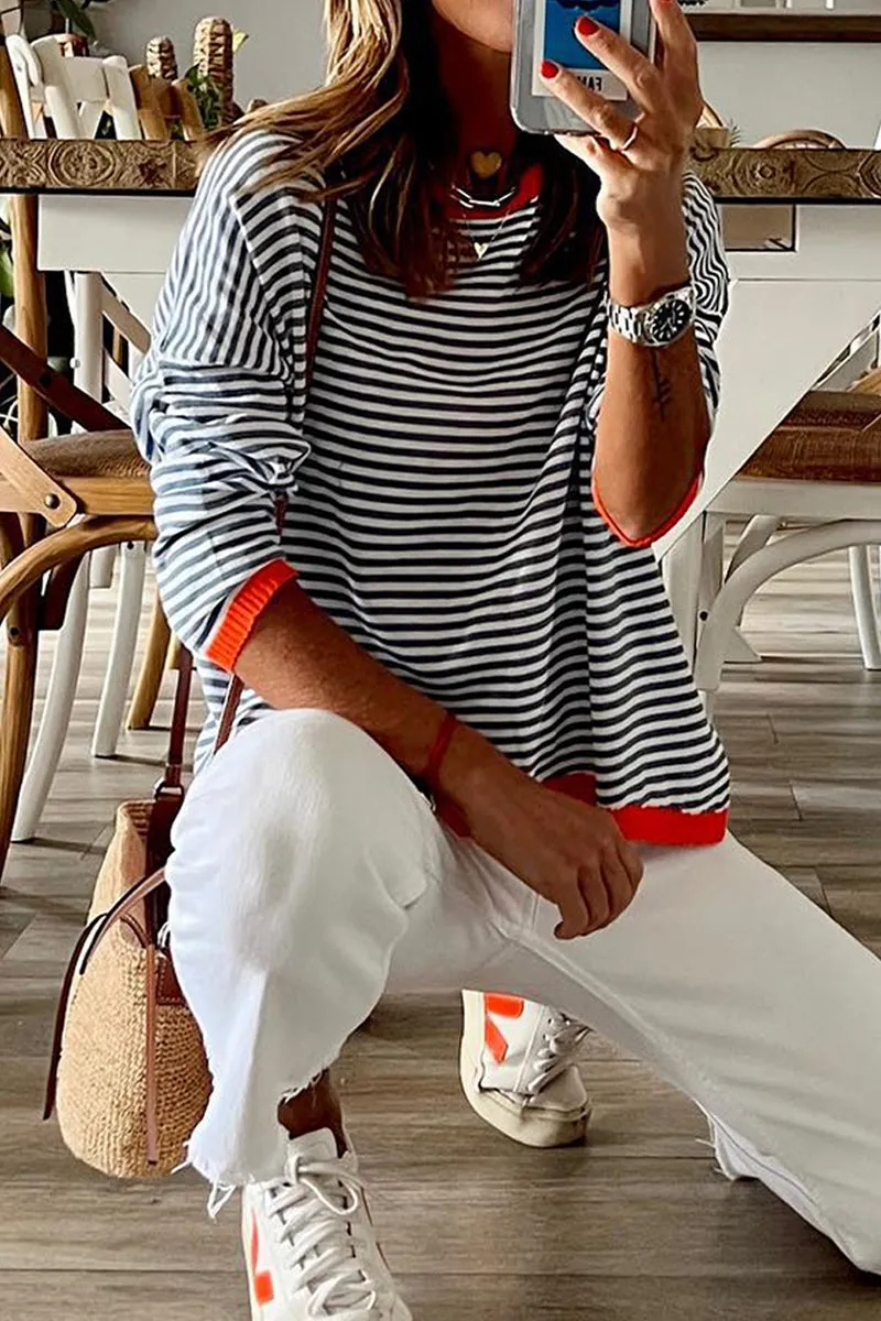 Casual Striped Contrast O Neck Tops