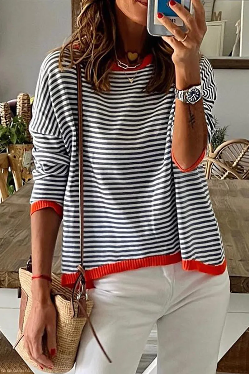 Casual Striped Contrast O Neck Tops