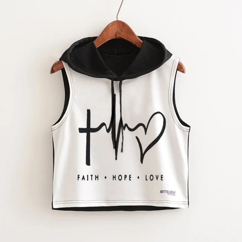 Crop Top Printed Sleeveless Hoodie