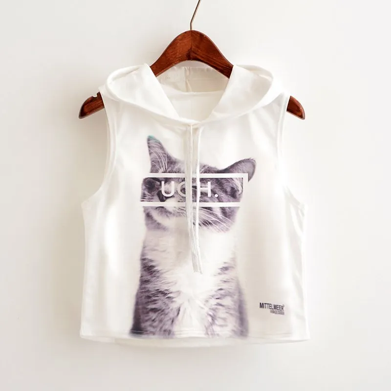 Crop Top Printed Sleeveless Hoodie