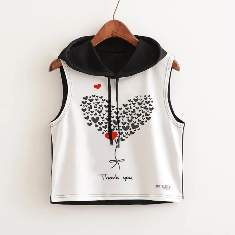 Crop Top Printed Sleeveless Hoodie