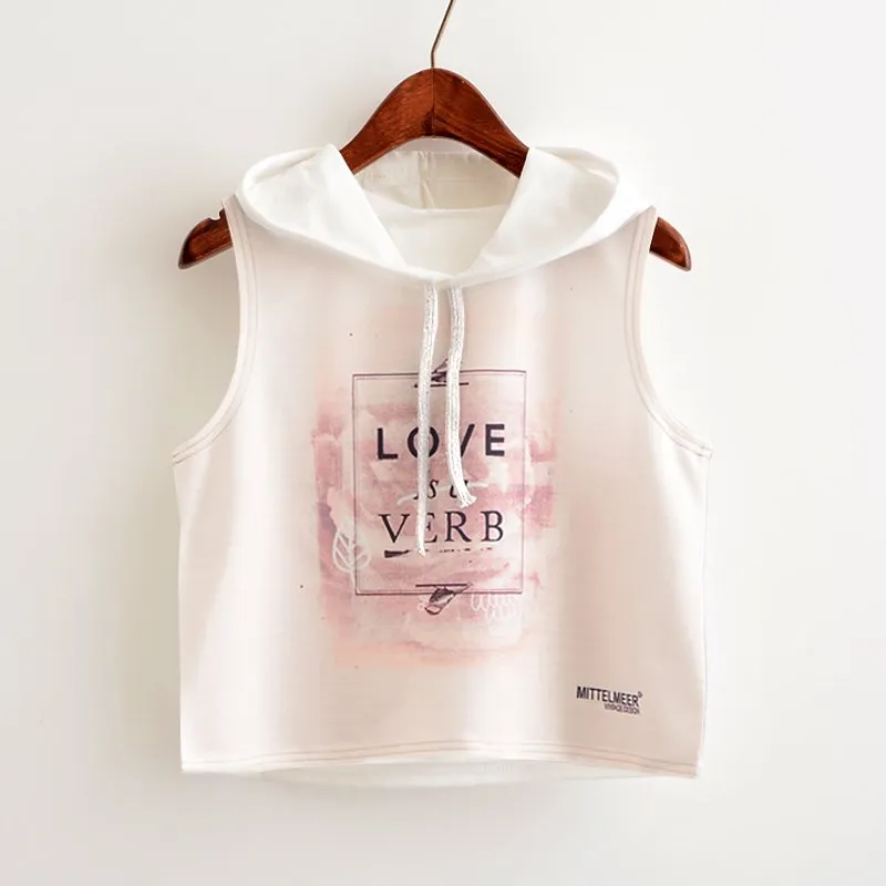 Crop Top Printed Sleeveless Hoodie