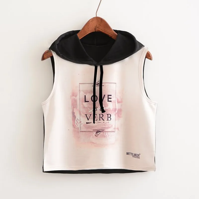 Crop Top Printed Sleeveless Hoodie