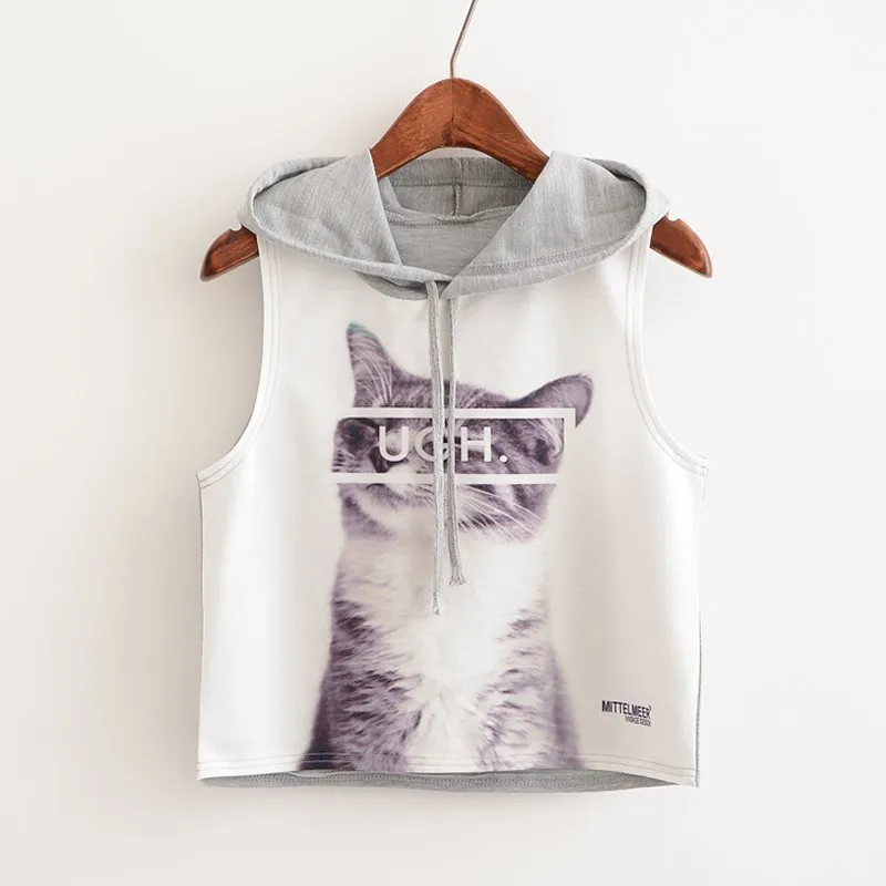 Crop Top Printed Sleeveless Hoodie