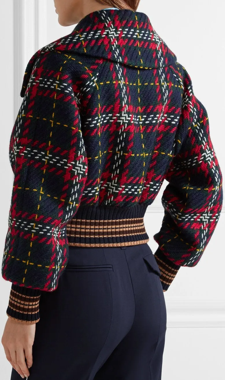 Cropped Tartan Tweed Bomber Jacket