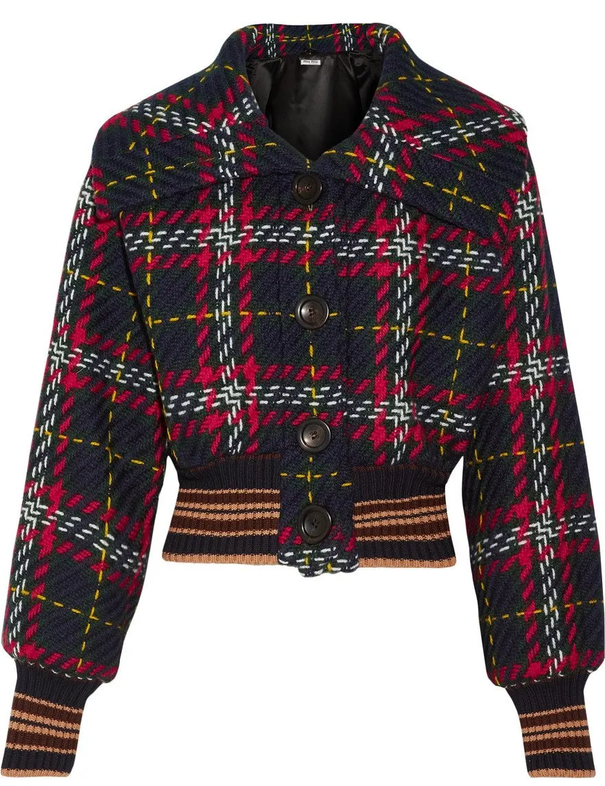 Cropped Tartan Tweed Bomber Jacket