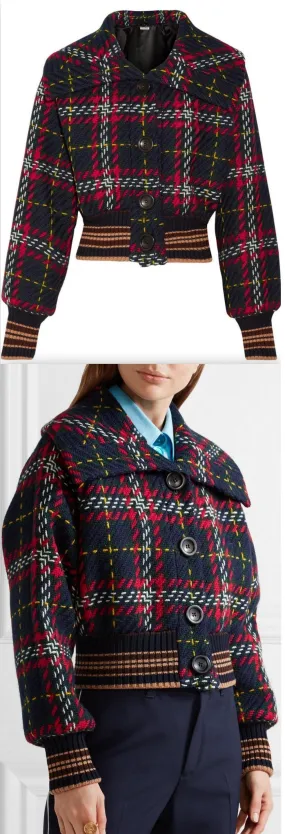 Cropped Tartan Tweed Bomber Jacket