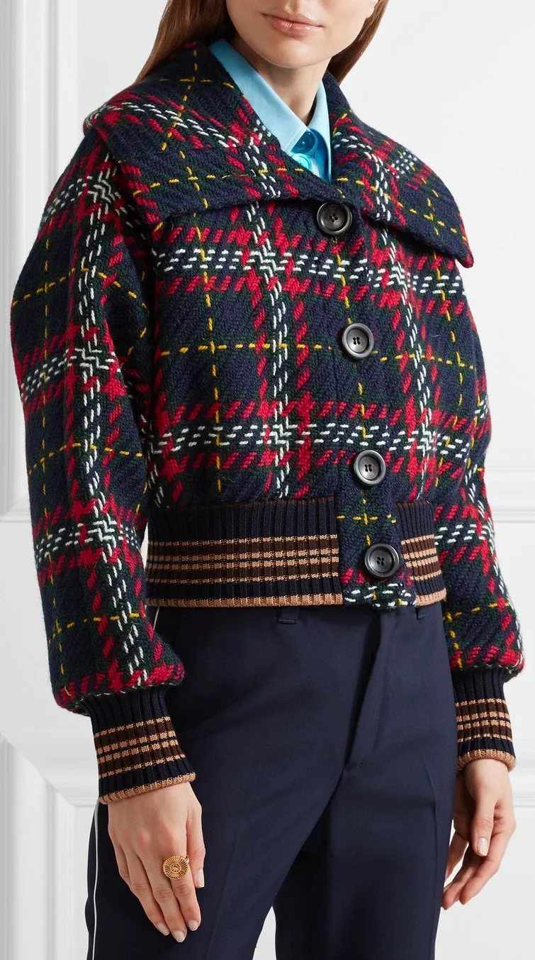 Cropped Tartan Tweed Bomber Jacket