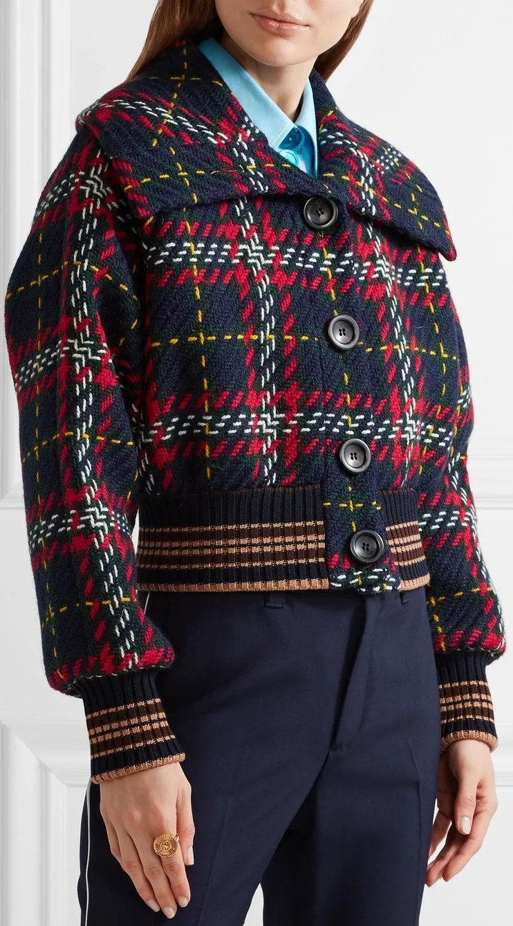 Cropped Tartan Tweed Bomber Jacket