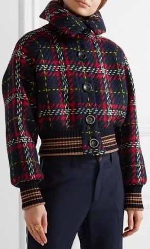 Cropped Tartan Tweed Bomber Jacket