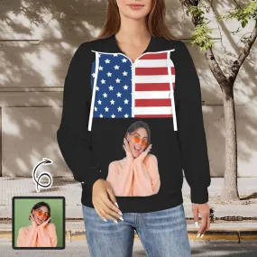 Custom Face American Flag Style Women's Lapel Half Zip Pullover Drawstring Sweatshirts Fashion Outfits