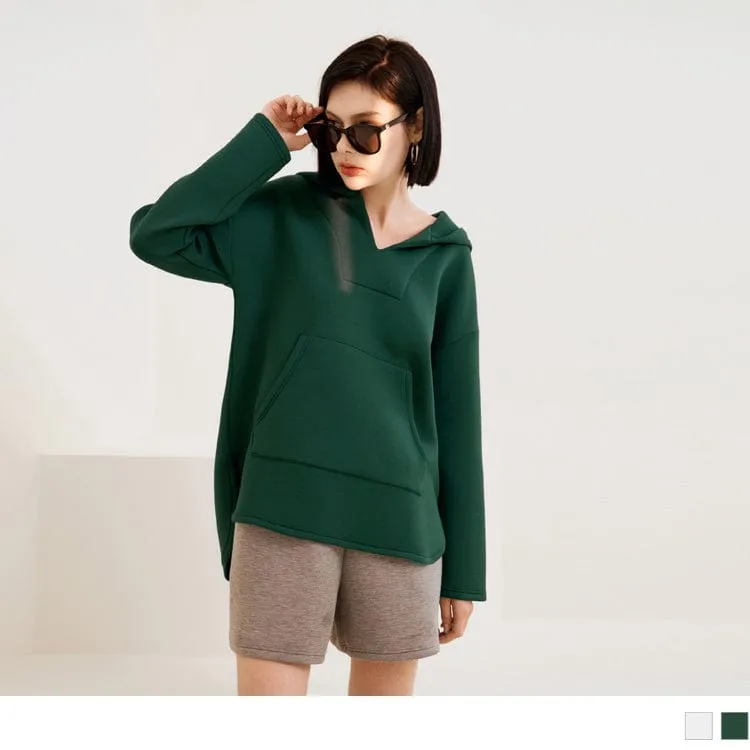 DROP SHOULDER V-NECK LONGLINE HOODED TOPS