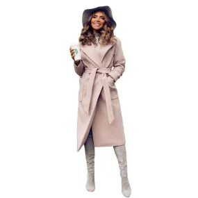 Elegant Women's Wool Blend Long Sleeve Parka with Pockets and Removable Belt