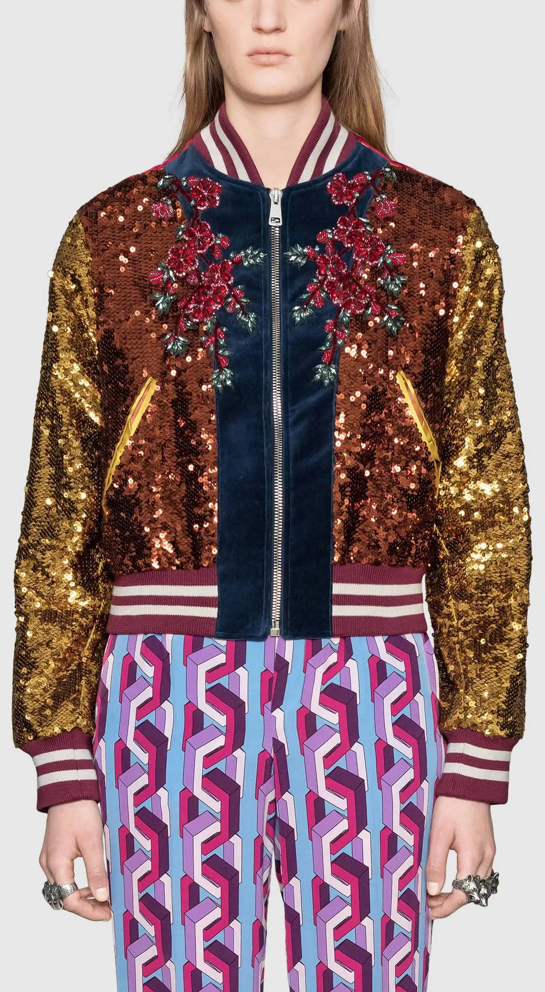 Embellished Sequin & Velvet Bomber Jacket