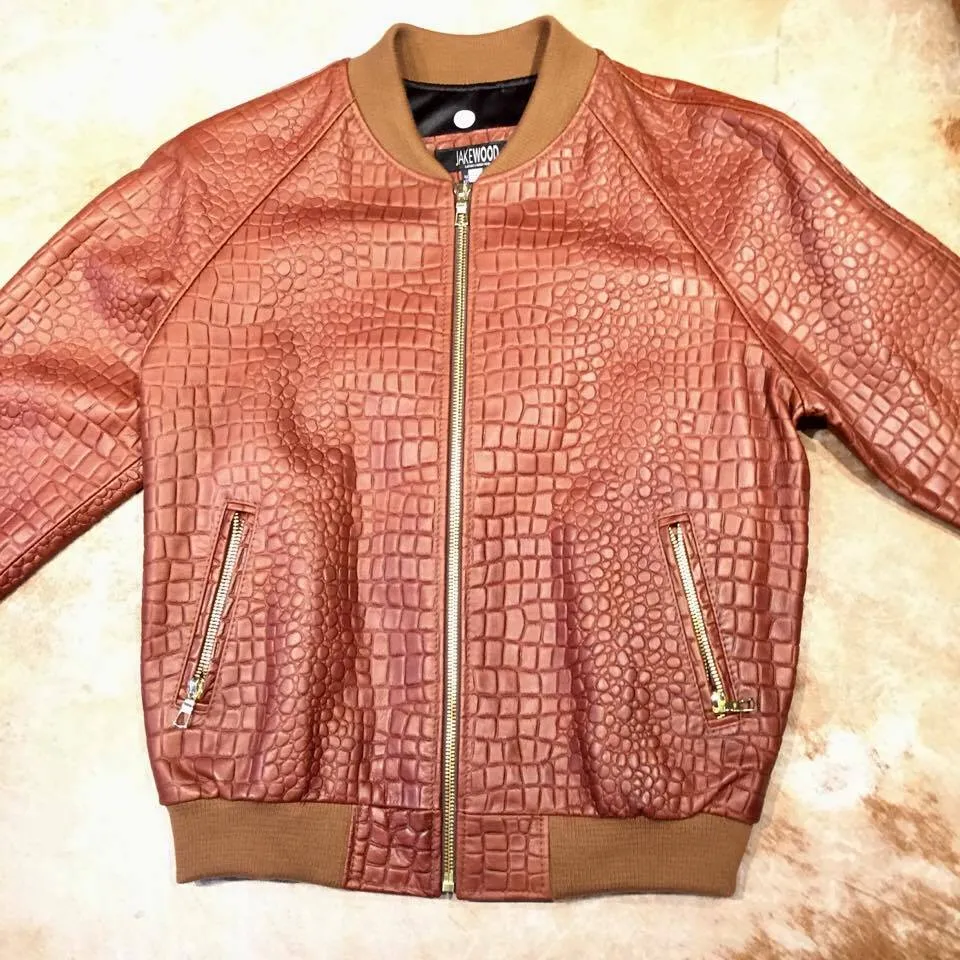 Jakewood Cognac Embossed Alligator Bomber Jacket