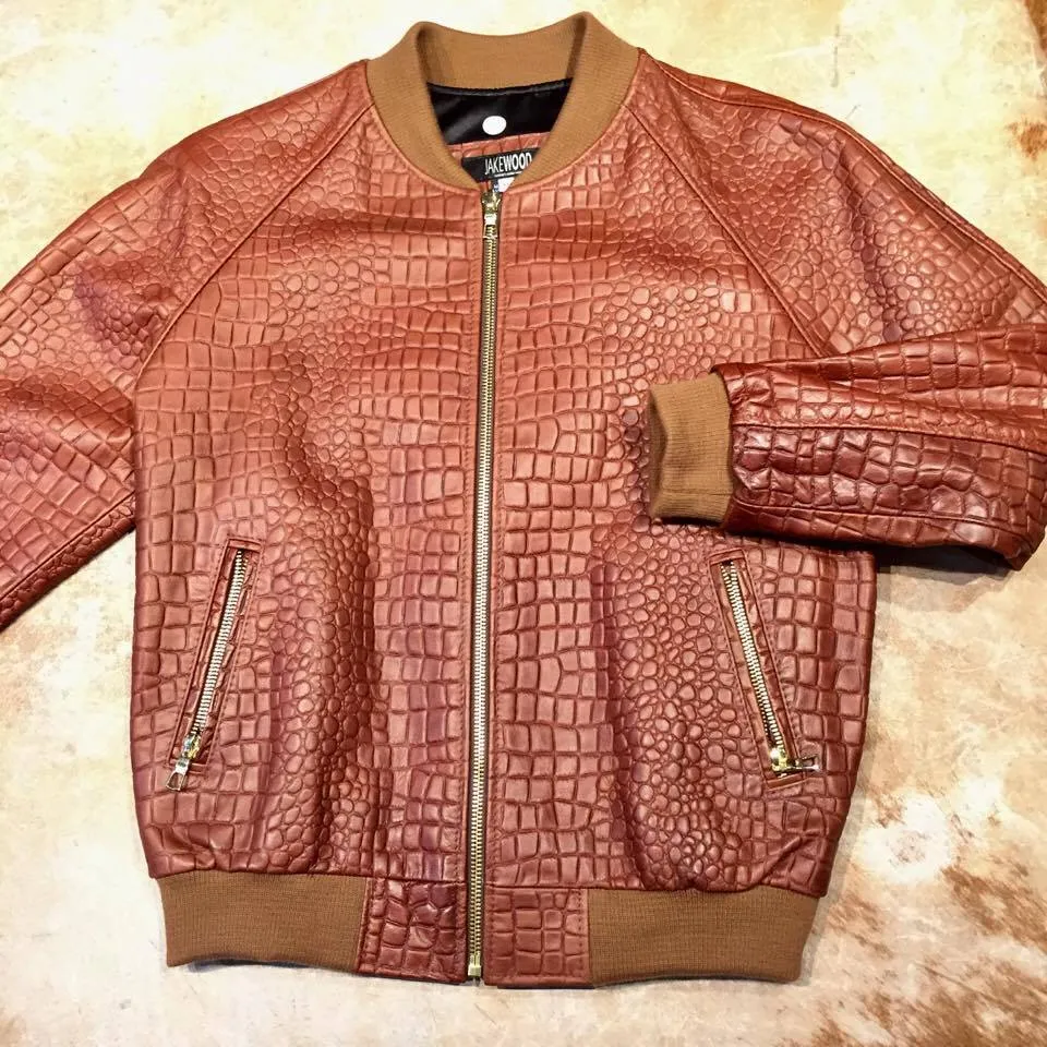 Jakewood Cognac Embossed Alligator Bomber Jacket