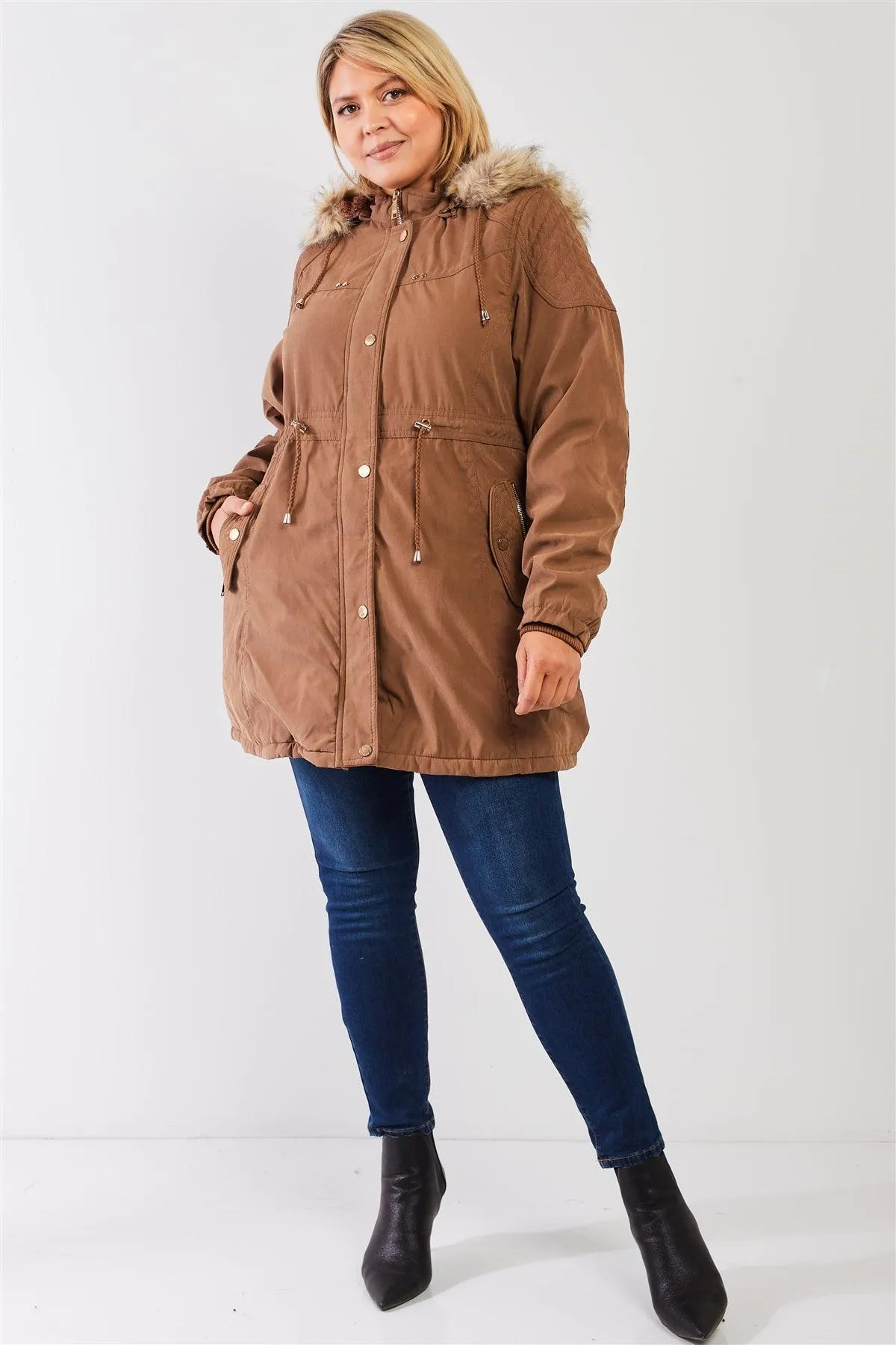 Junior Plus Size Brown Quilted Detail Vegan Fur Cotton Twill Parka Jacket /2-2