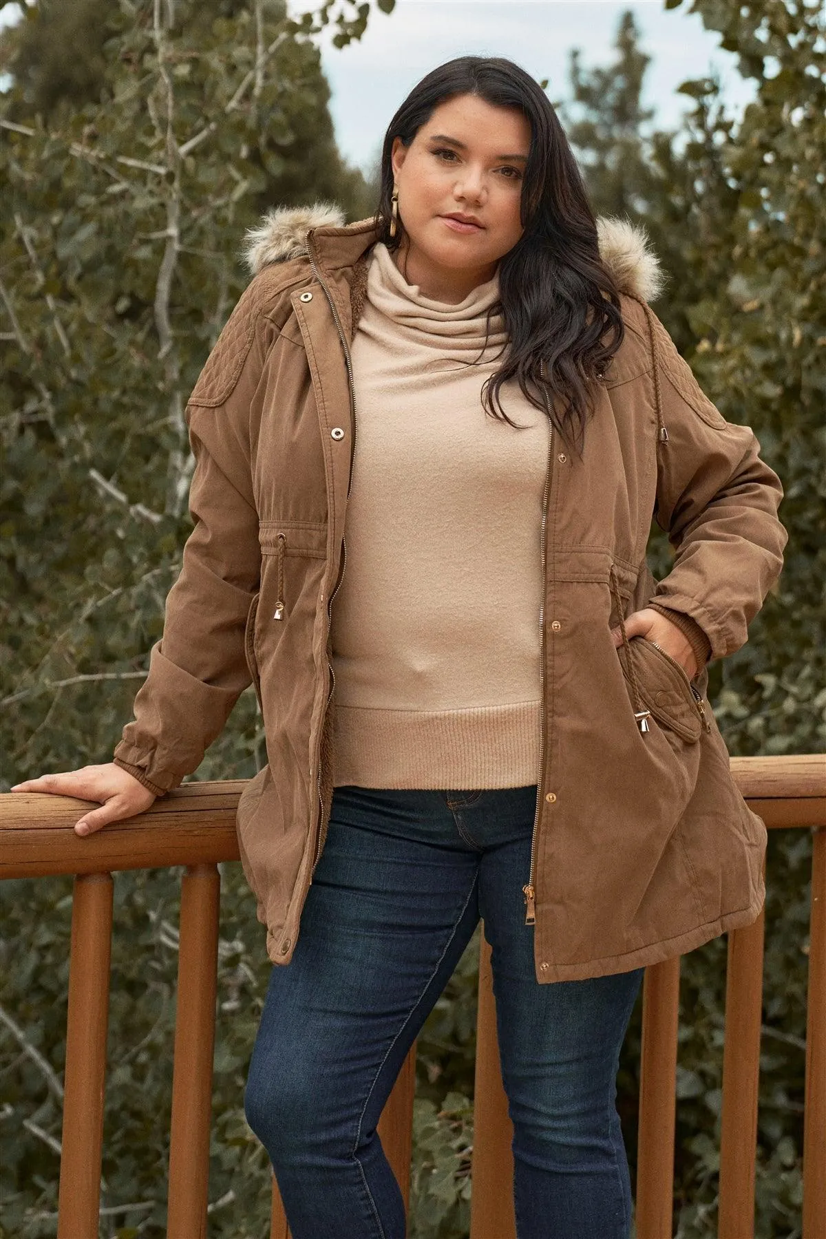 Junior Plus Size Brown Quilted Detail Vegan Fur Cotton Twill Parka Jacket /2-2