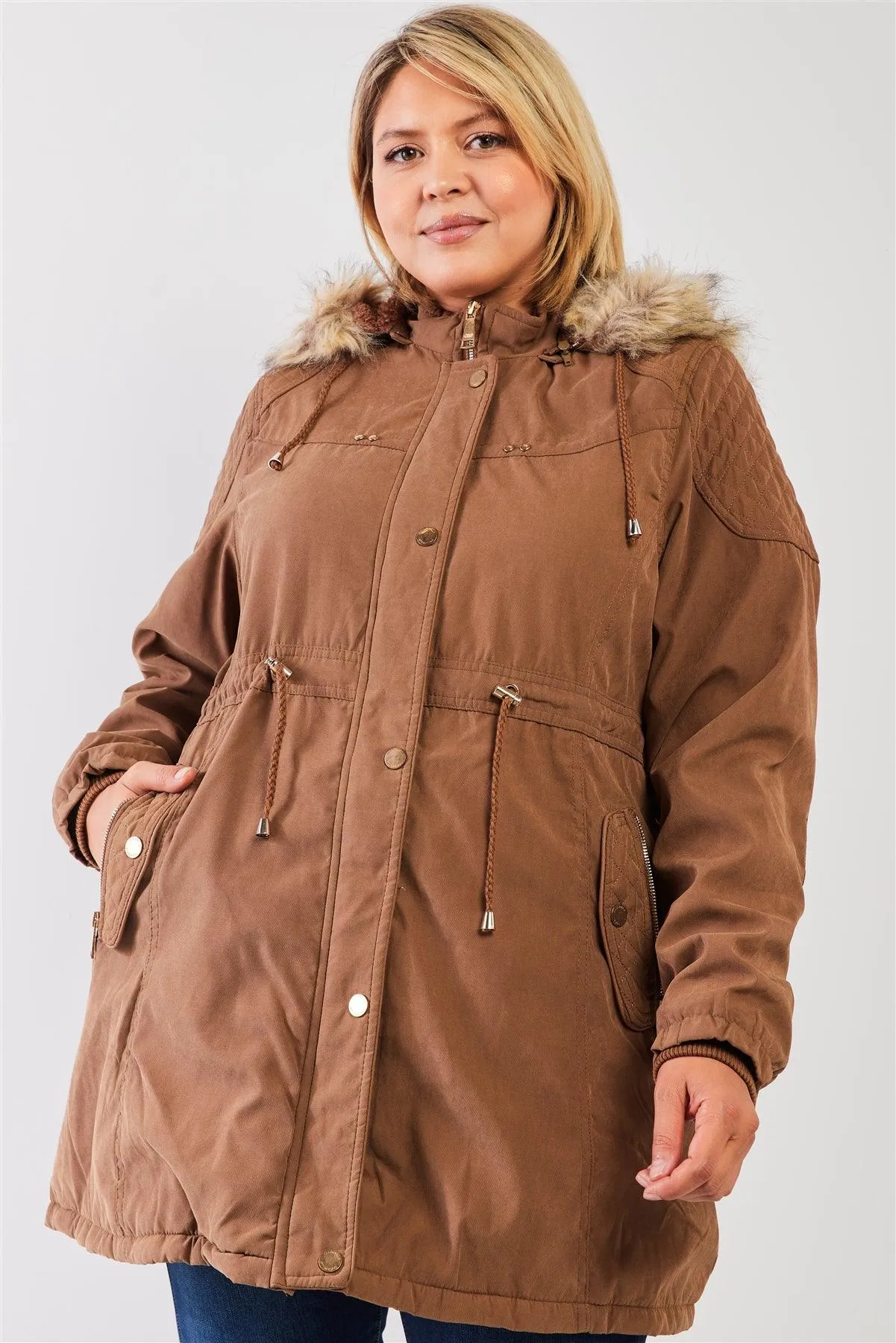 Junior Plus Size Brown Quilted Detail Vegan Fur Cotton Twill Parka Jacket /2-2