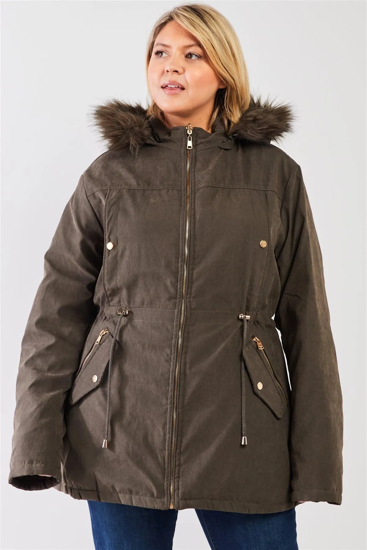 Junior Plus Size Reversible Olive Dyed Vegan Fur Double-Sided Cotton Twill Parka & Puffer Jacket /1-1-1-1