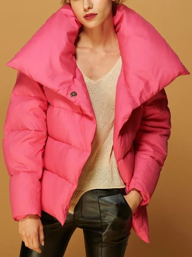 Large Collar Paneled Puffer Down Jacket in Pink