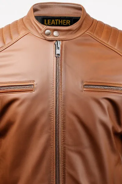 Men Classic Swiss Brown Cafe Racer Leather Jacket