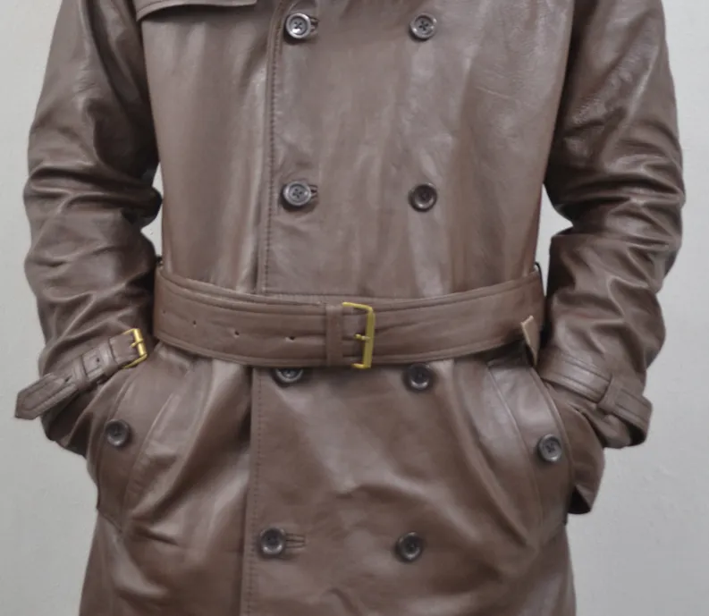 Men's Brown Belted Mid-Length Genuine Sheepskin Leather Trench Coat