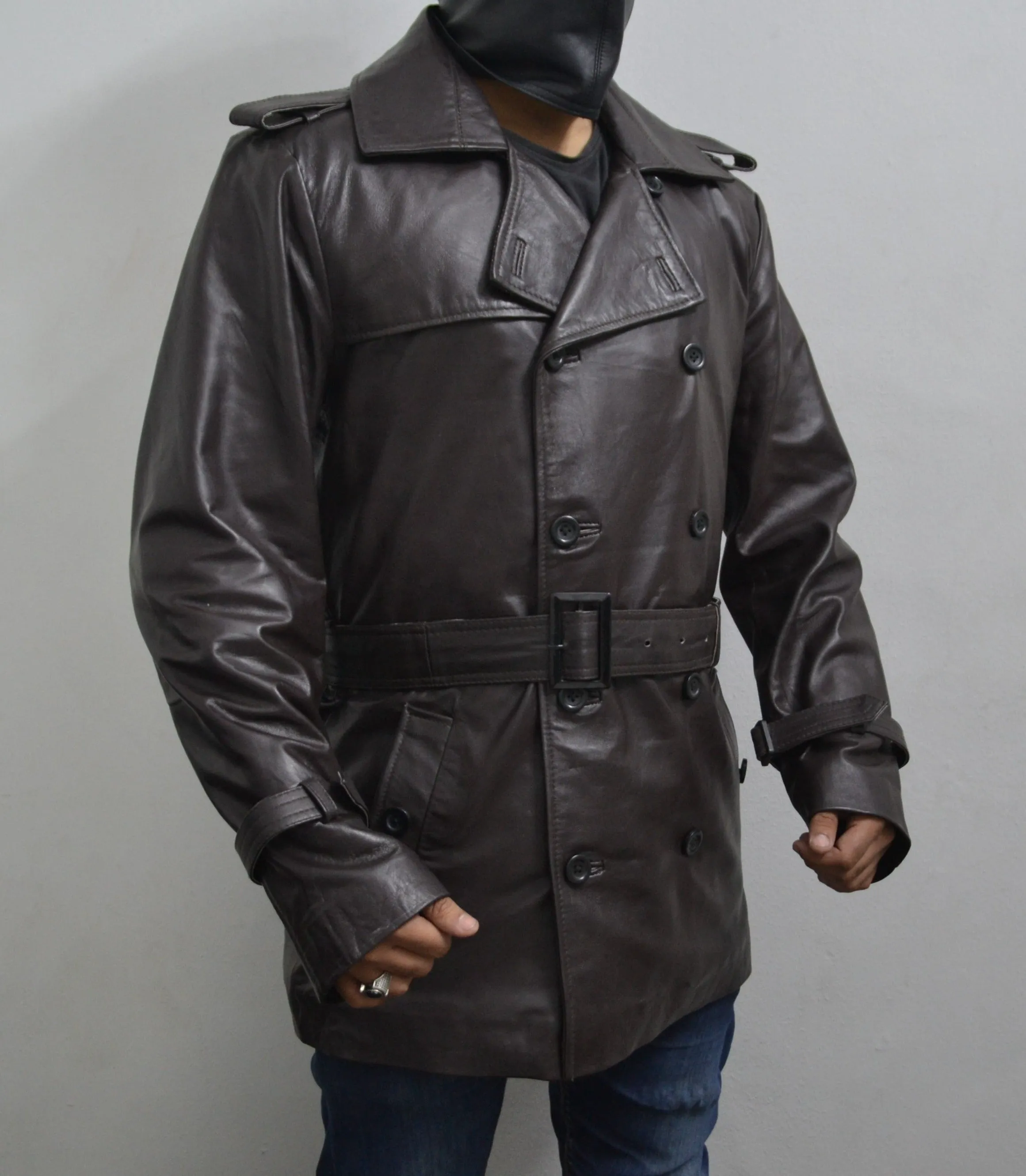 Men's Brown Waxed Belted Mid-Length Genuine Sheepskin Leather Trench Coat