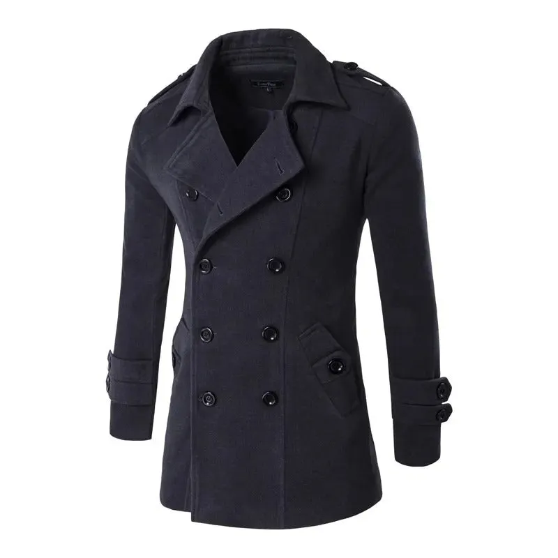 Men's Double breasted Woolen Coat Mid Length Slim Outerwear Trench Coat | 3013