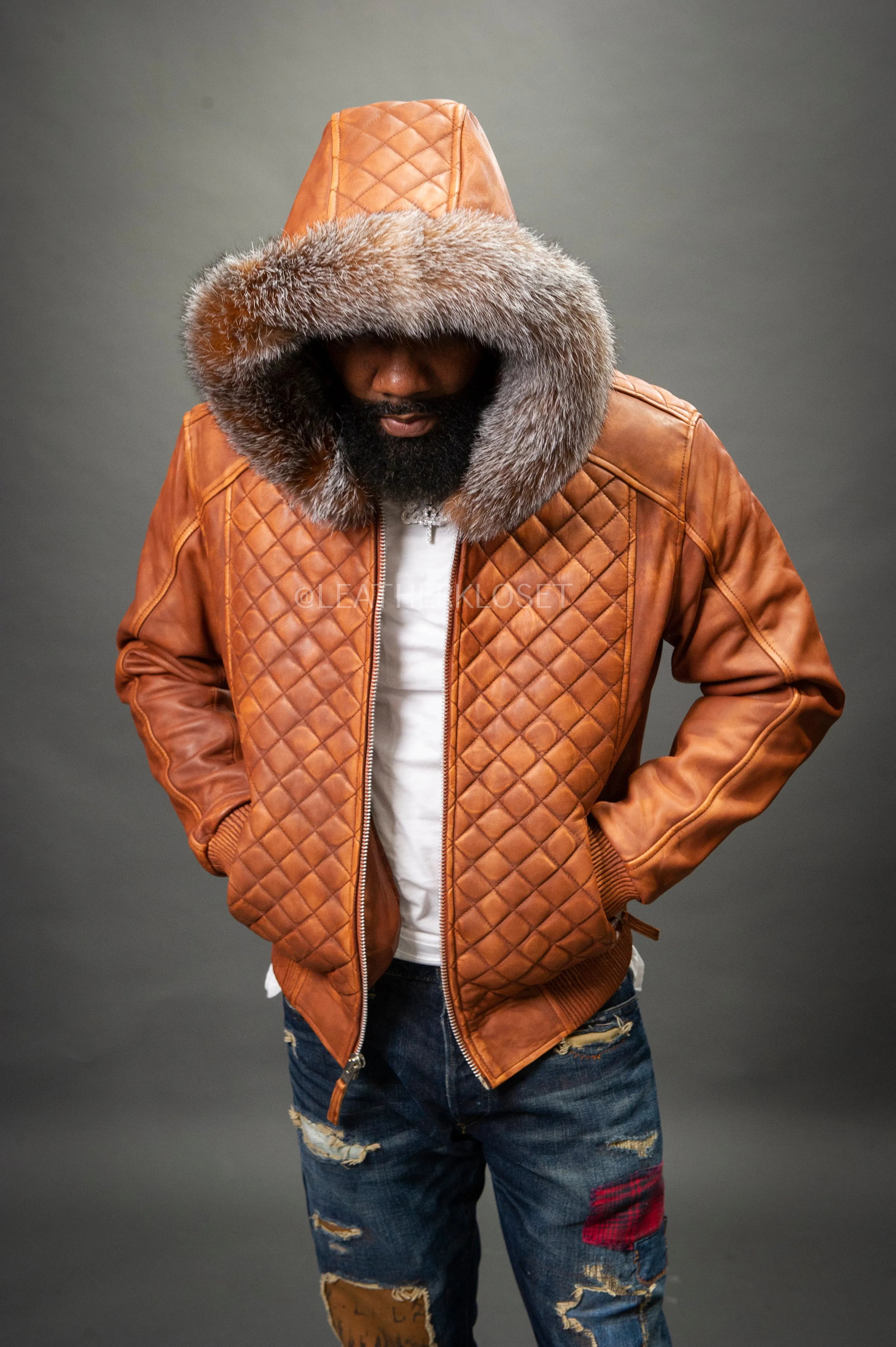 Men's Lucas Quilted Leather Bomber Jacket Hood [Caramel Crunch]