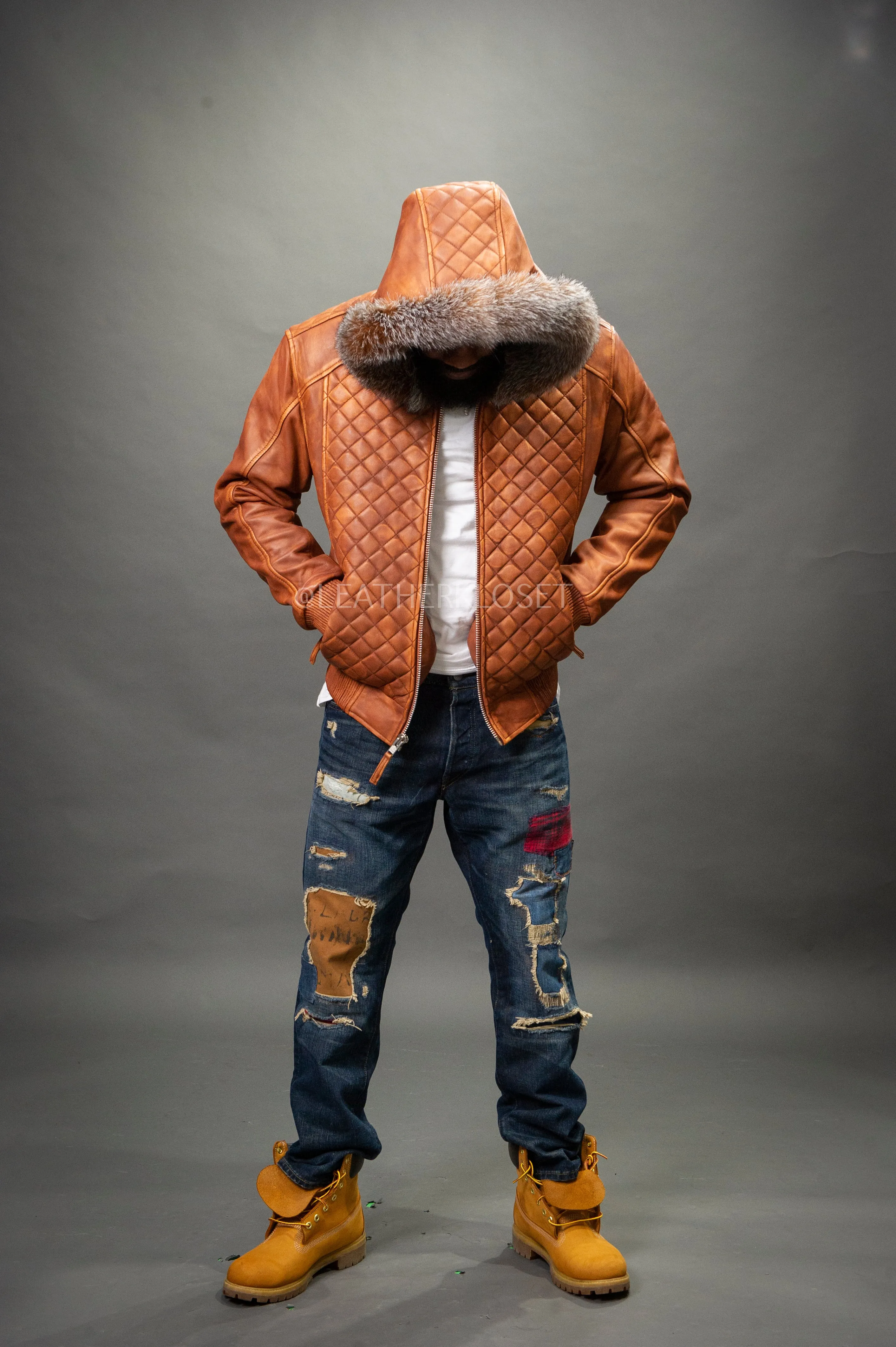 Men's Lucas Quilted Leather Bomber Jacket Hood [Caramel Crunch]