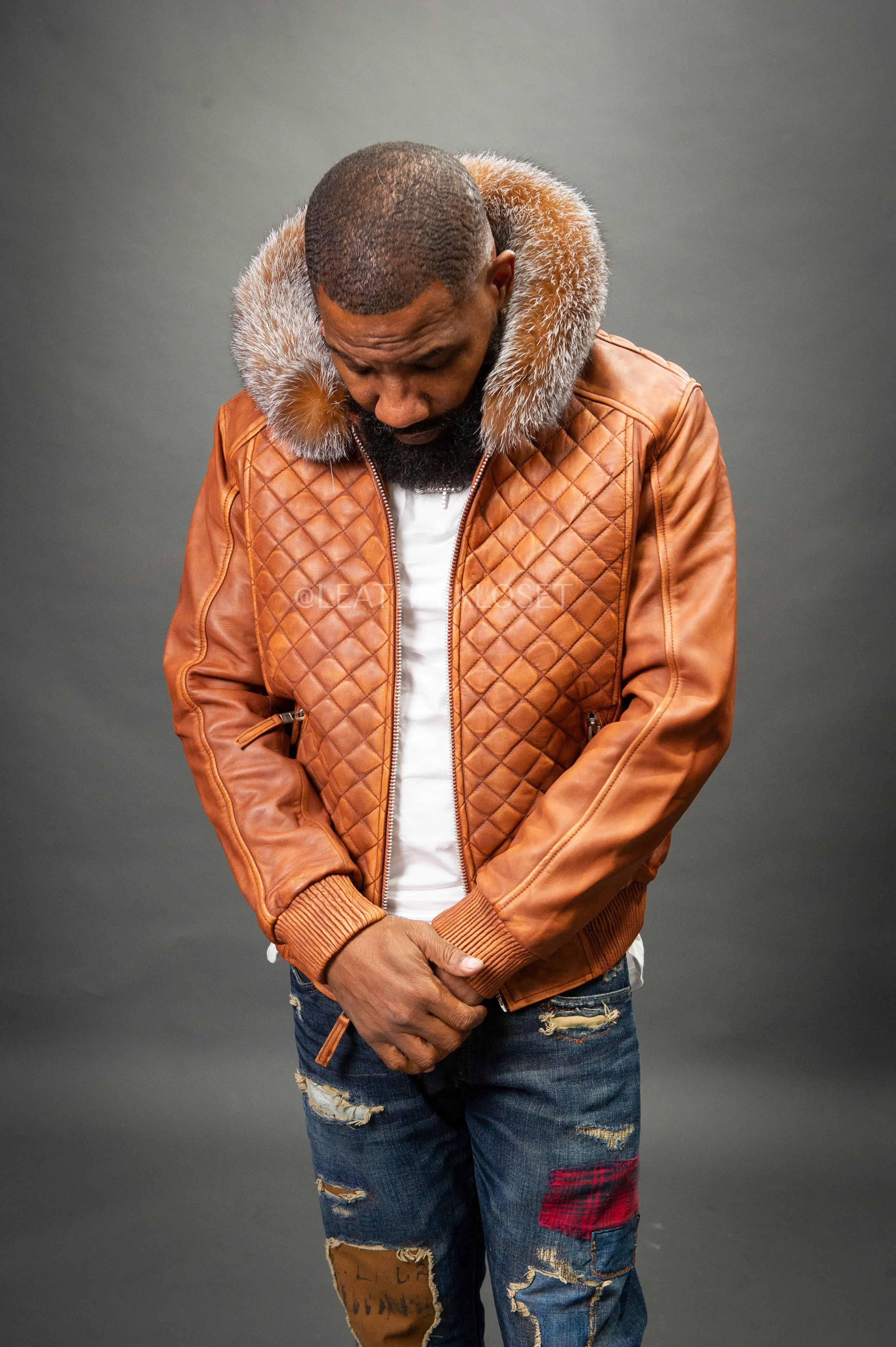 Men's Lucas Quilted Leather Bomber Jacket Hood [Caramel Crunch]