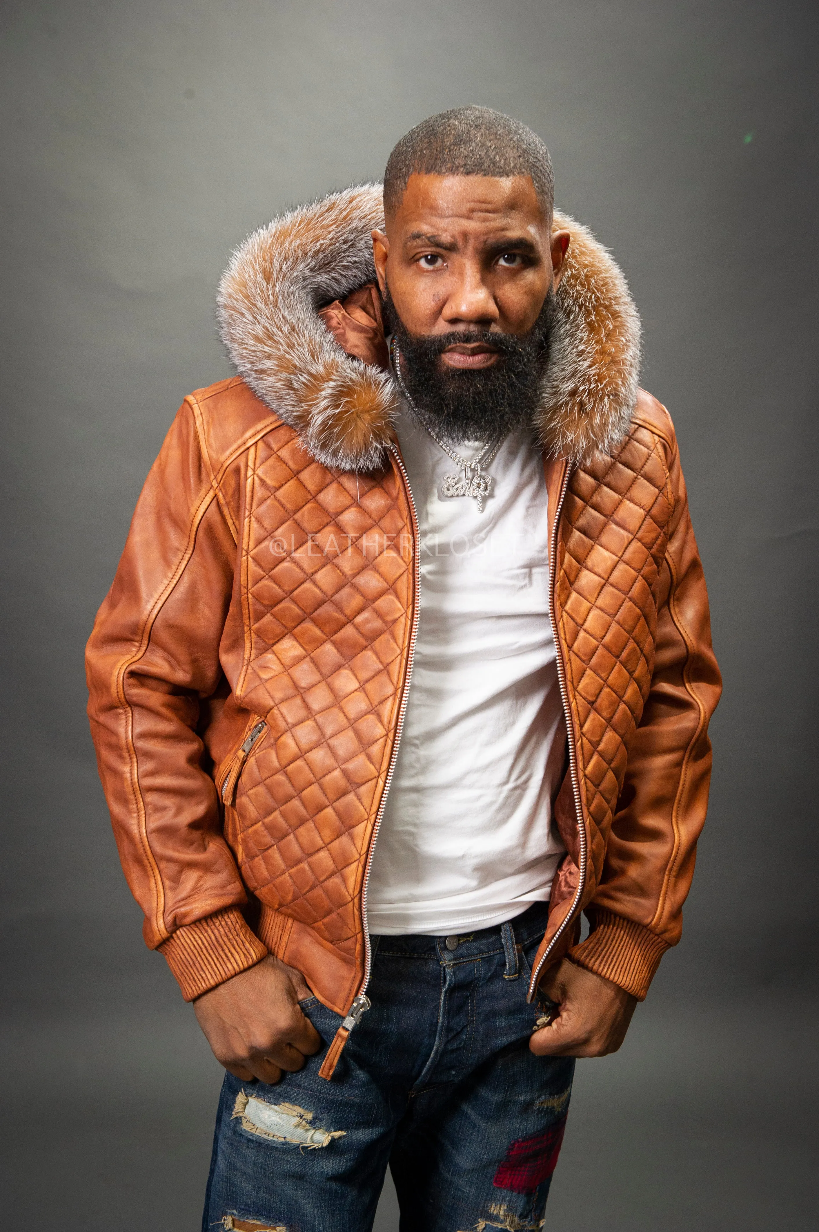 Men's Lucas Quilted Leather Bomber Jacket Hood [Caramel Crunch]