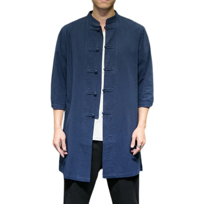 Men's Mid-length Three-quarter Sleeve Cotton And Linen Shirt