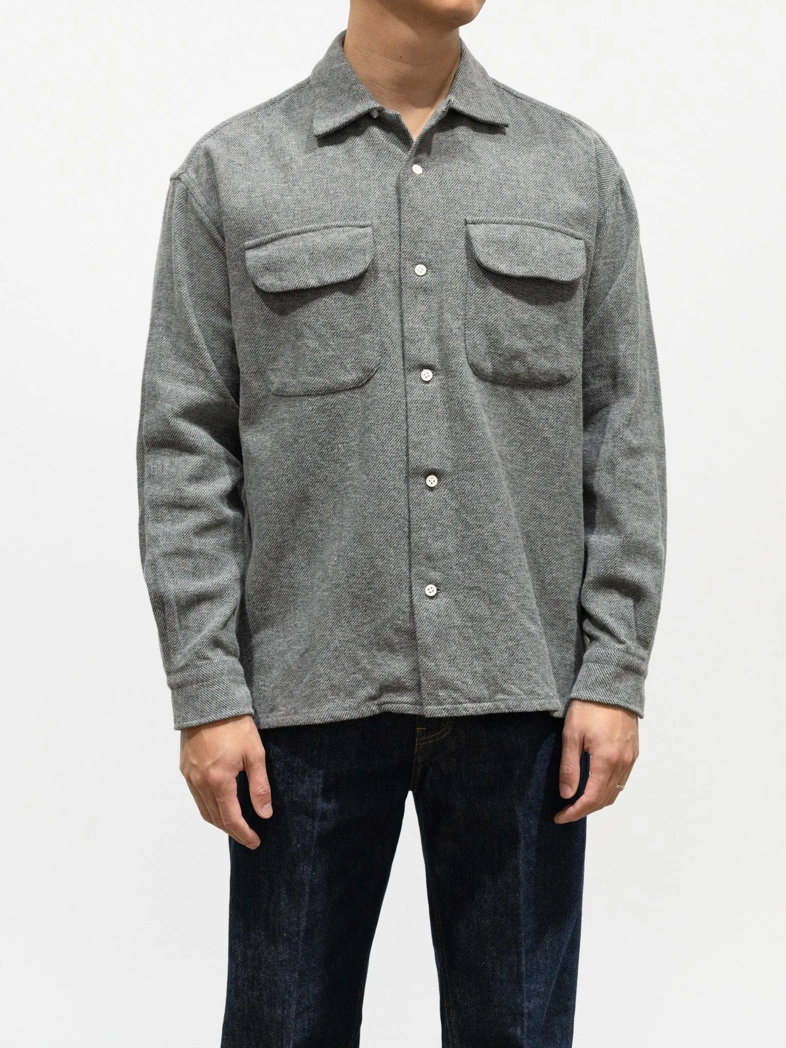 Mixed Color Cotton Round Flap Pocket Baggy Shirt - Gray