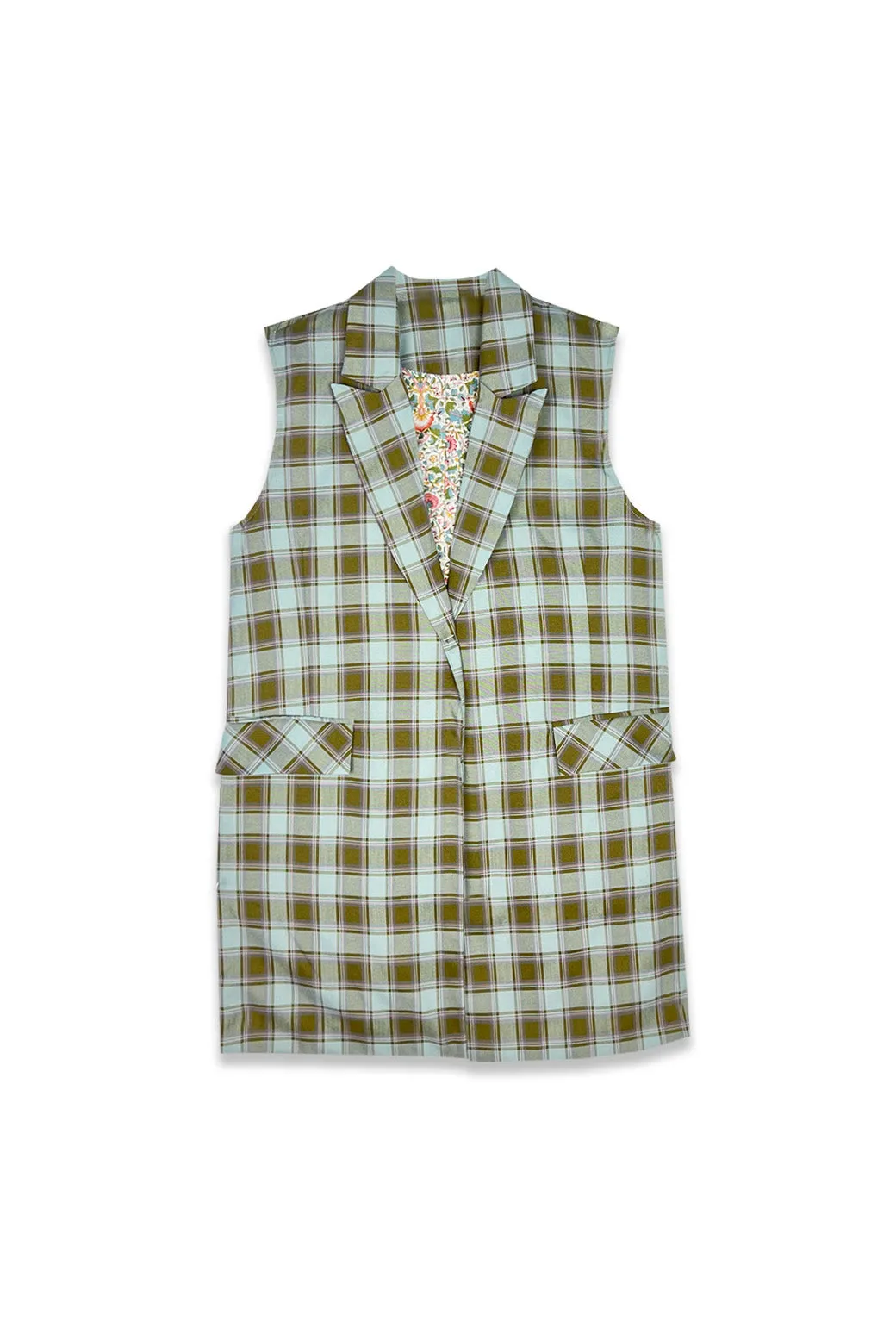 Open Front Vest - Sage Plaid