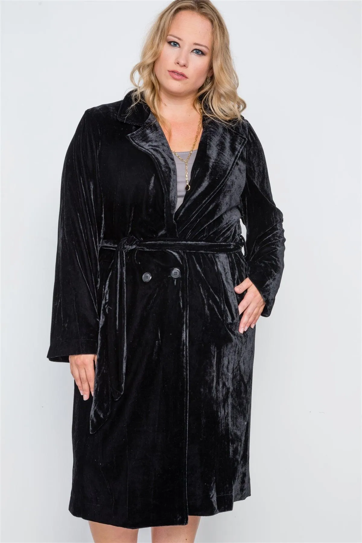 Plus Size Black Velvet Long Sleeve Trench Coat /3-3