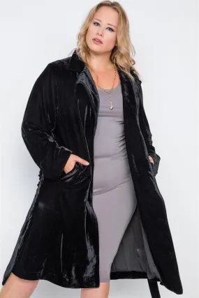 Plus Size Black Velvet Long Sleeve Trench Coat /3-3