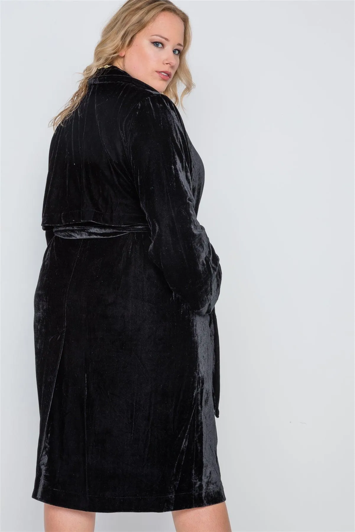 Plus Size Black Velvet Long Sleeve Trench Coat /3-3