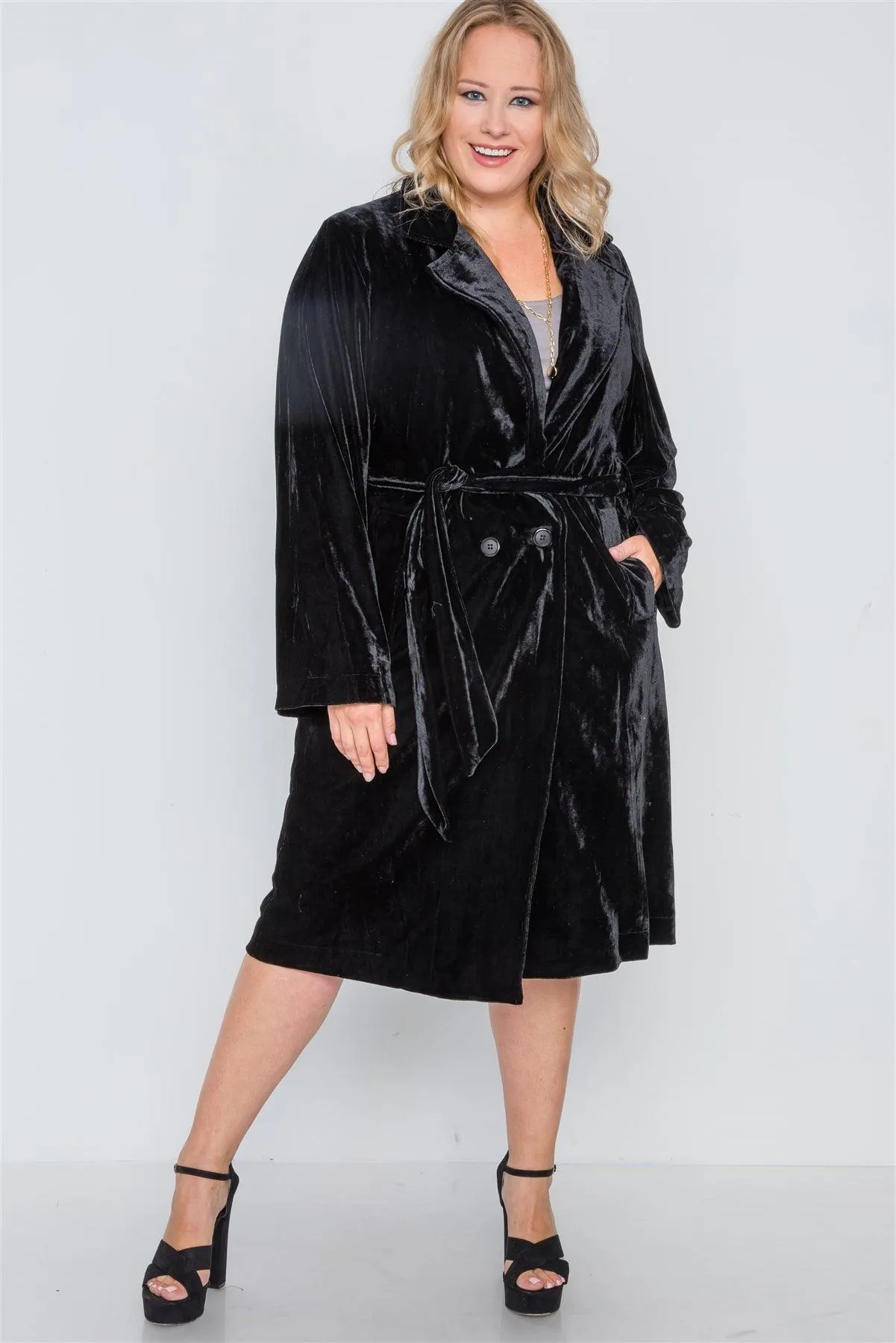 Plus Size Black Velvet Long Sleeve Trench Coat /3-3