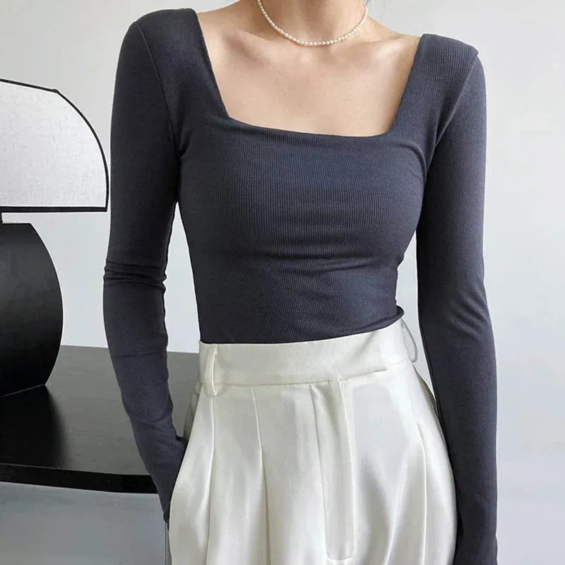 Slim-fit Square-neck Bottoming Shirt Long Sleeve Tee